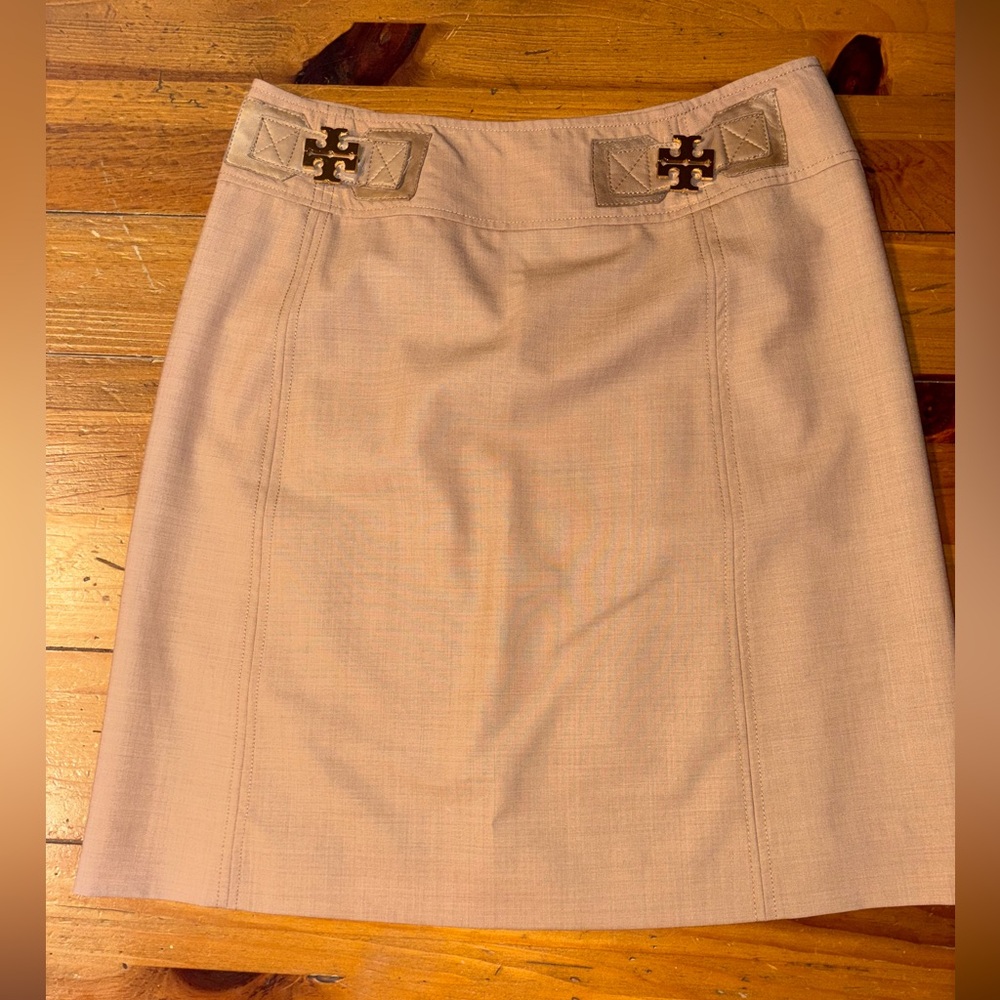 Tory Burch Beige Wool Pencil Skirt Knee-Length with Leather Panels and Gold Logo